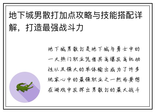 地下城男散打加点攻略与技能搭配详解，打造最强战斗力